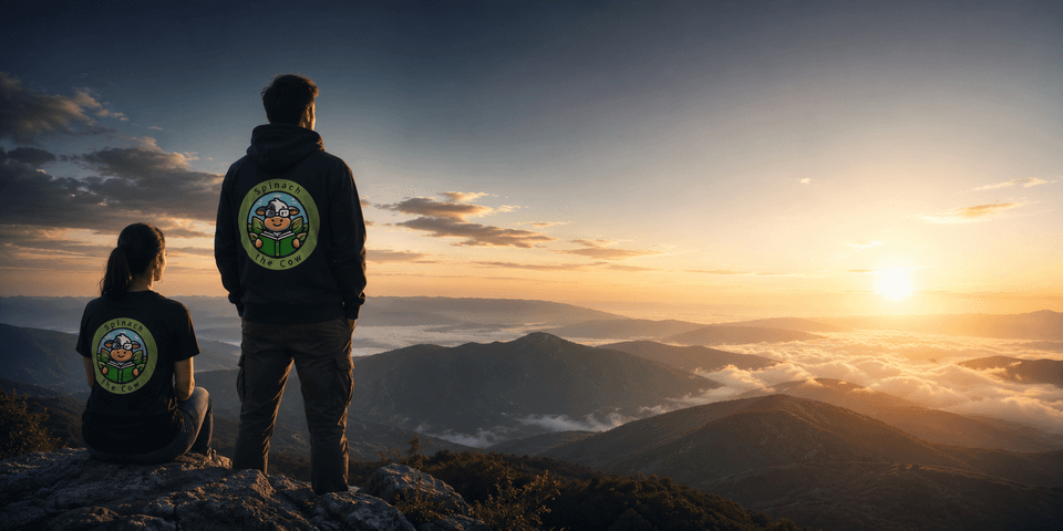 Two people at a mountain overlook at sunrise, wearing Spinach the Cow hoodies and t-shirts.